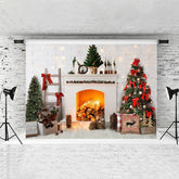Lofaris White Brick And Fireplace Animal Christmas Backdrop